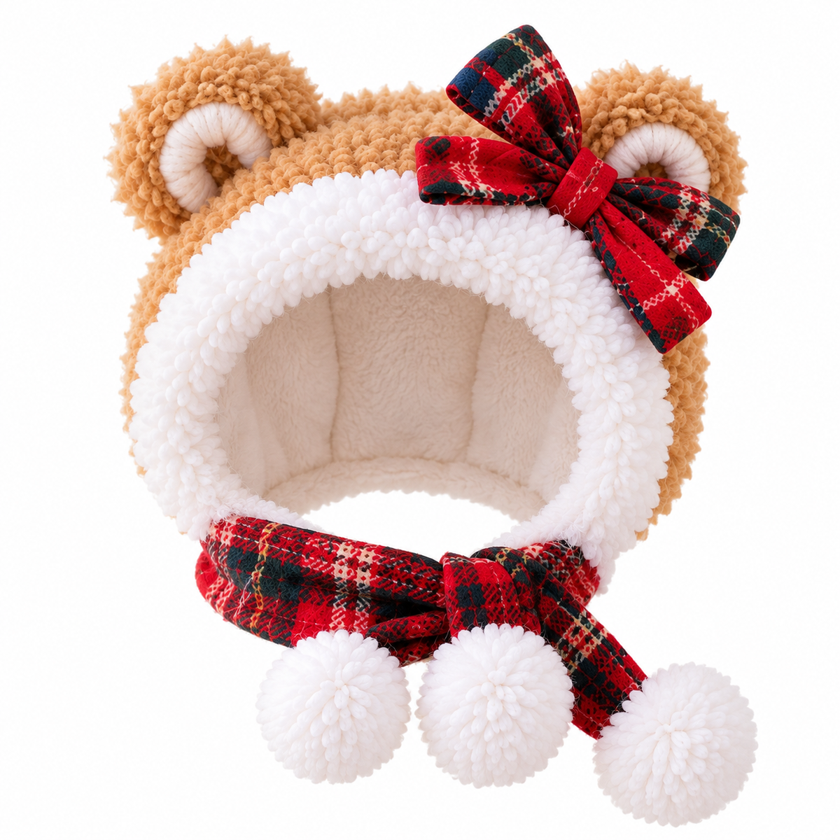 Cozy Teddy Bear Pet Hat – Plaid Christmas Hood for Cats & Small Dogs
