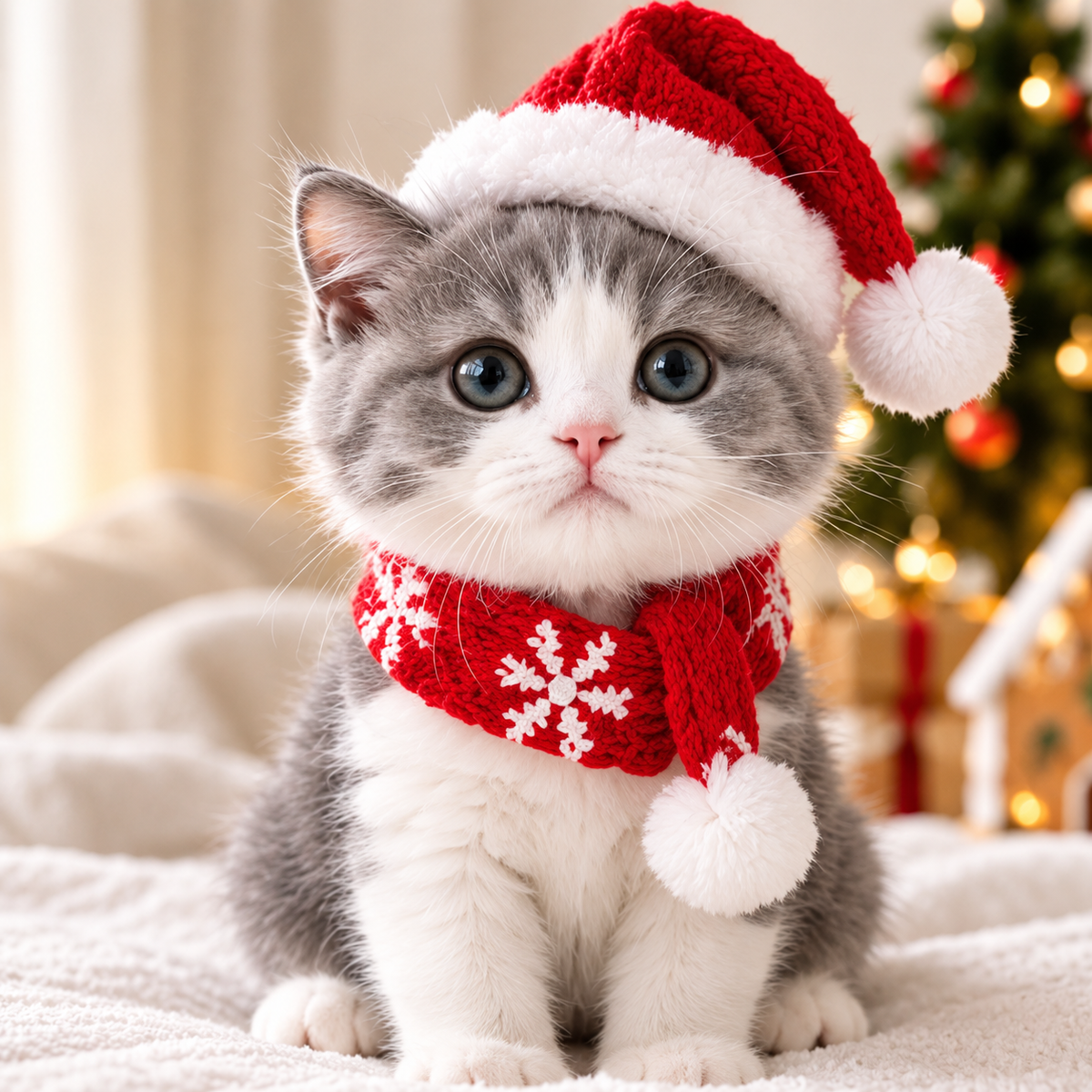 Christmas Cozy Cat Set – Santa Hat & Snowflake Scarf for Cats