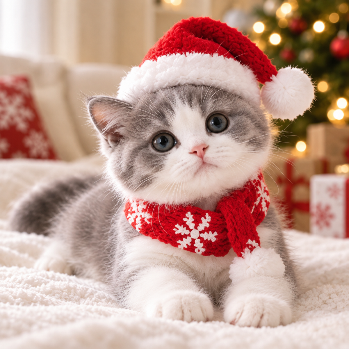 Christmas Cozy Cat Set – Santa Hat & Snowflake Scarf for Cats