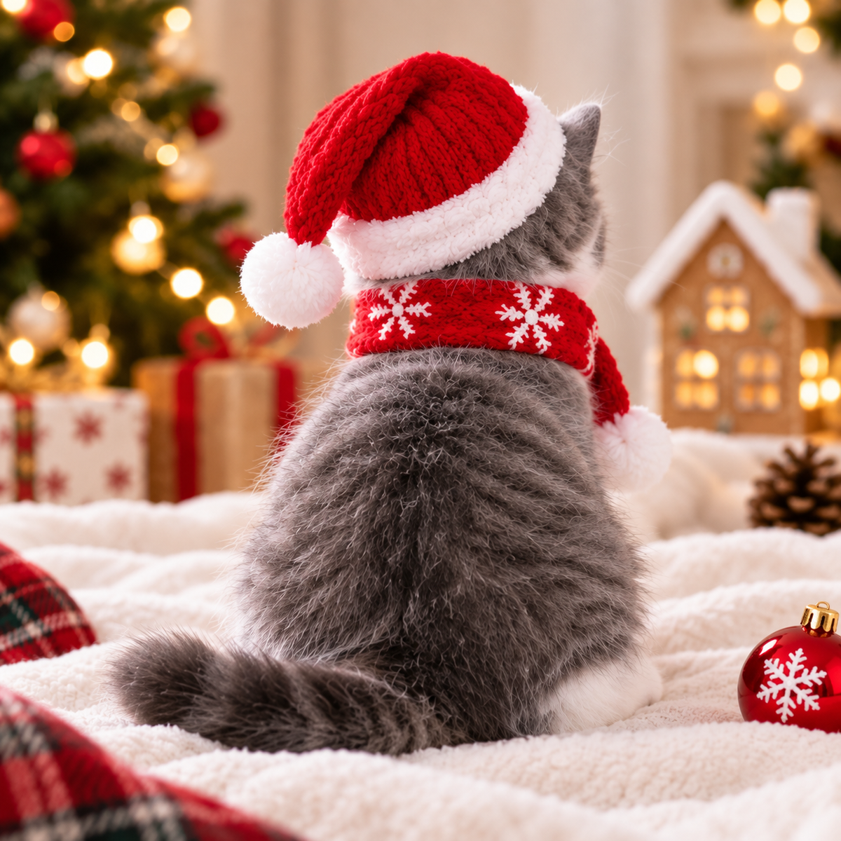 Christmas Cozy Cat Set – Santa Hat & Snowflake Scarf for Cats