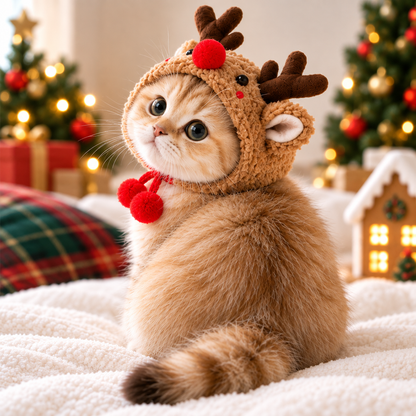 Christmas Reindeer Pet Hat – Cozy Holiday Costume for Cats & Small Dogs
