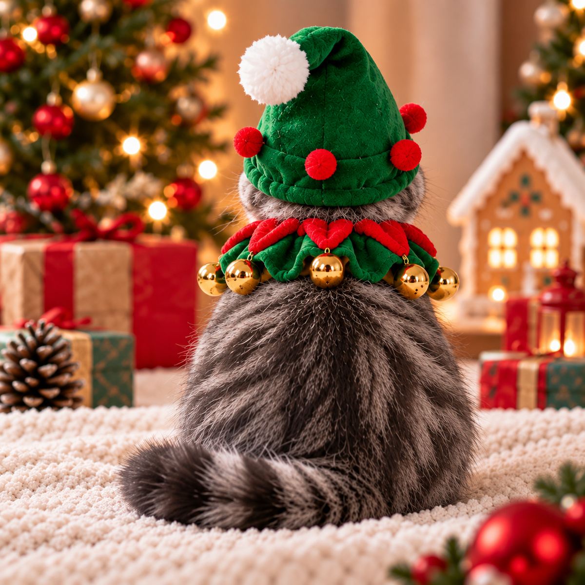 Christmas Elf Pet Costume Set – Festive Hat & Jingle Bell Collar for Cats & Small Dogs