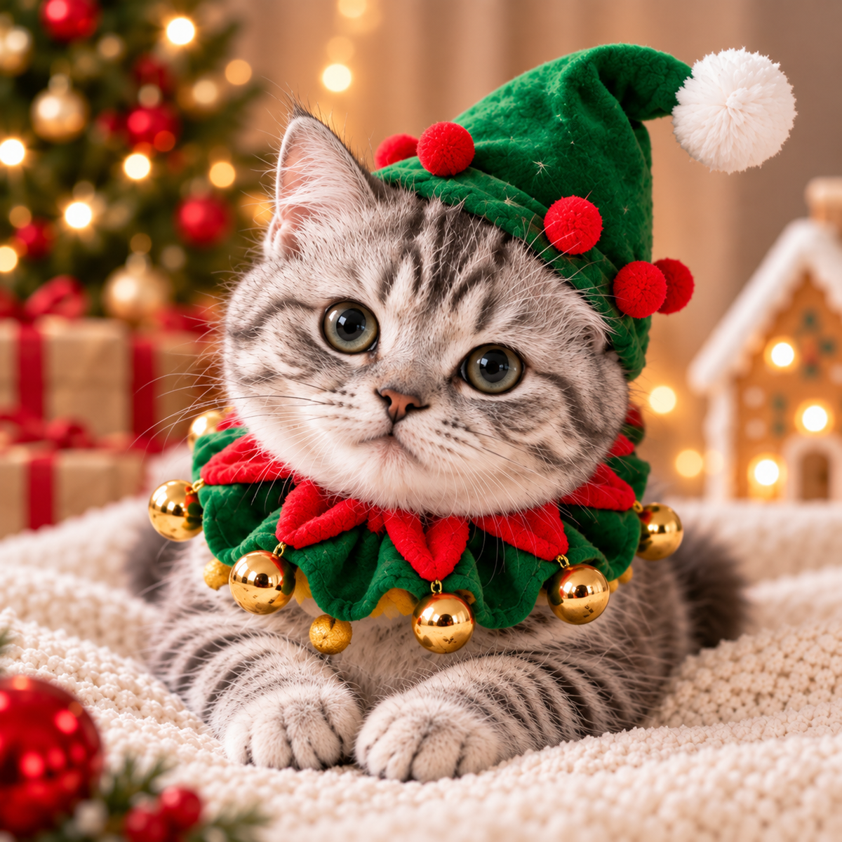 Christmas Elf Pet Costume Set – Festive Hat & Jingle Bell Collar for Cats & Small Dogs