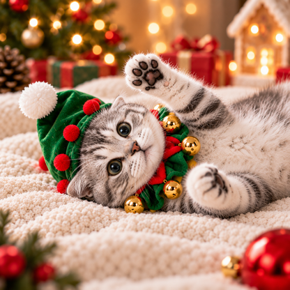 Christmas Elf Pet Costume Set – Festive Hat & Jingle Bell Collar for Cats & Small Dogs