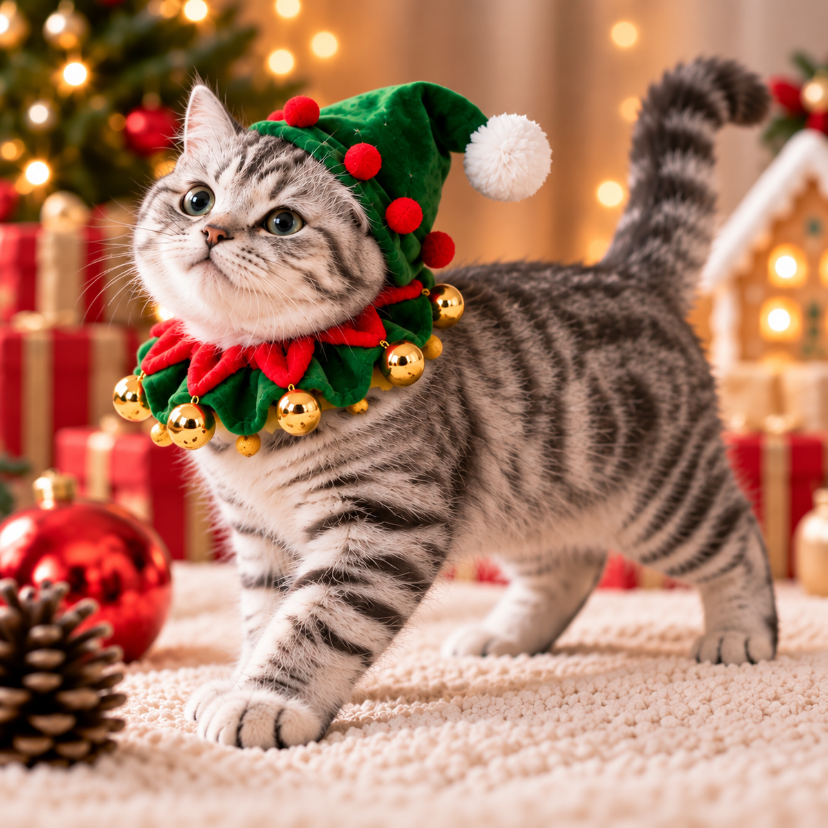 Christmas Elf Pet Costume Set – Festive Hat & Jingle Bell Collar for Cats & Small Dogs