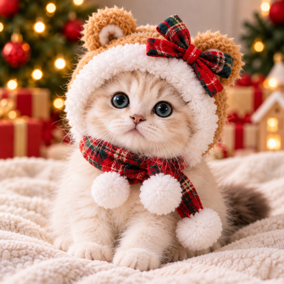 Cozy Teddy Bear Pet Hat – Plaid Christmas Hood for Cats & Small Dogs