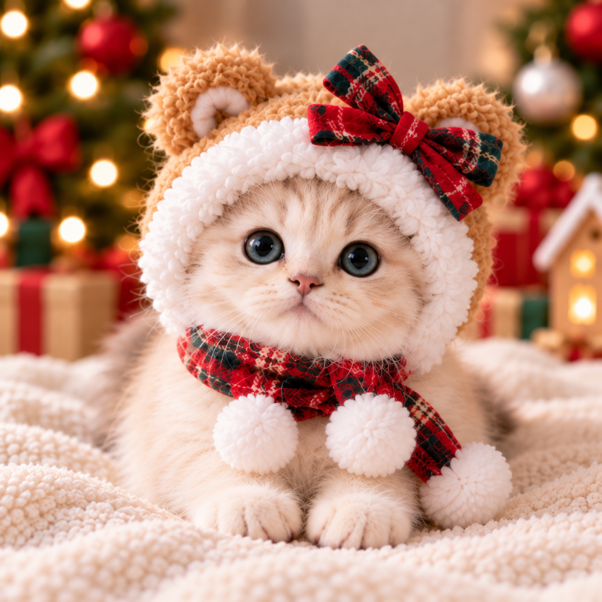 Cozy Teddy Bear Pet Hat – Plaid Christmas Hood for Cats & Small Dogs