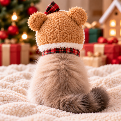 Cozy Teddy Bear Pet Hat – Plaid Christmas Hood for Cats & Small Dogs