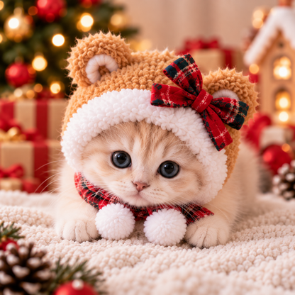 Cozy Teddy Bear Pet Hat – Plaid Christmas Hood for Cats & Small Dogs