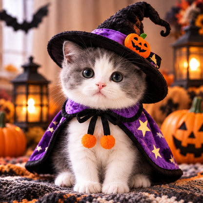 Halloween Witch Pet Costume Set – Purple Star Cape & Witch Hat for Cats & Small Dogs