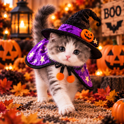 Halloween Witch Pet Costume Set – Purple Star Cape & Witch Hat for Cats & Small Dogs