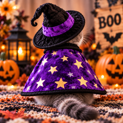 Halloween Witch Pet Costume Set – Purple Star Cape & Witch Hat for Cats & Small Dogs