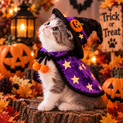 Halloween Witch Pet Costume Set – Purple Star Cape & Witch Hat for Cats & Small Dogs