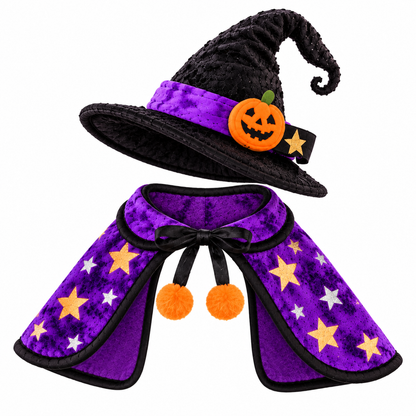 Halloween Witch Pet Costume Set – Purple Star Cape & Witch Hat for Cats & Small Dogs