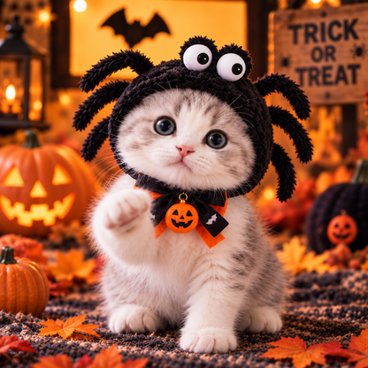 Halloween Spider Cat Costume Set – Cute Spider Hood & Pumpkin Bow Collar