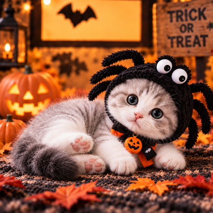 Halloween Spider Cat Costume Set – Cute Spider Hood & Pumpkin Bow Collar