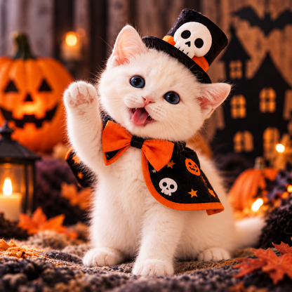 Halloween Skull Pet Costume Set – Top Hat & Cape for Cats & Small Dogs