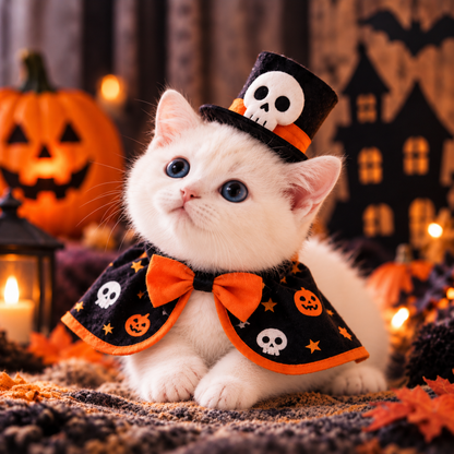 Halloween Skull Pet Costume Set – Top Hat & Cape for Cats & Small Dogs