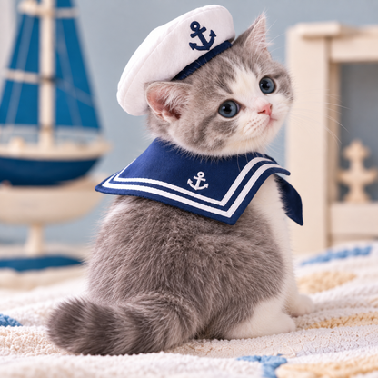 Nautical Sailor Cat Costume Set – Adorable Captain Hat & Collar for Cats