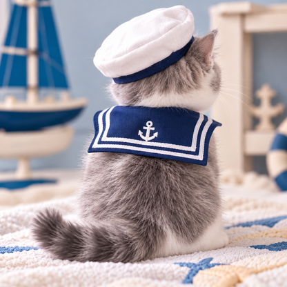 Nautical Sailor Cat Costume Set – Adorable Captain Hat & Collar for Cats