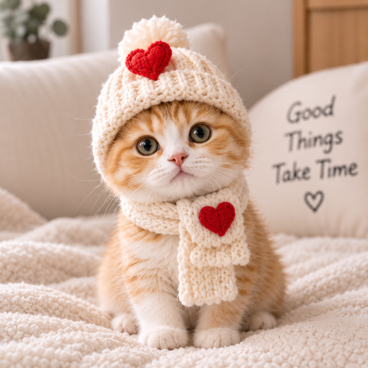 Cozy Heart Knit Pet Hat & Scarf Set – Winter Outfit for Cats & Small Dogs