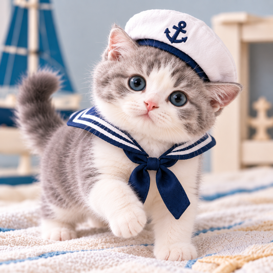 Nautical Sailor Cat Costume Set – Adorable Captain Hat & Collar for Cats