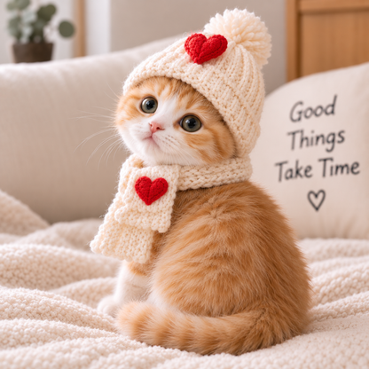 Cozy Heart Knit Pet Hat & Scarf Set – Winter Outfit for Cats & Small Dogs