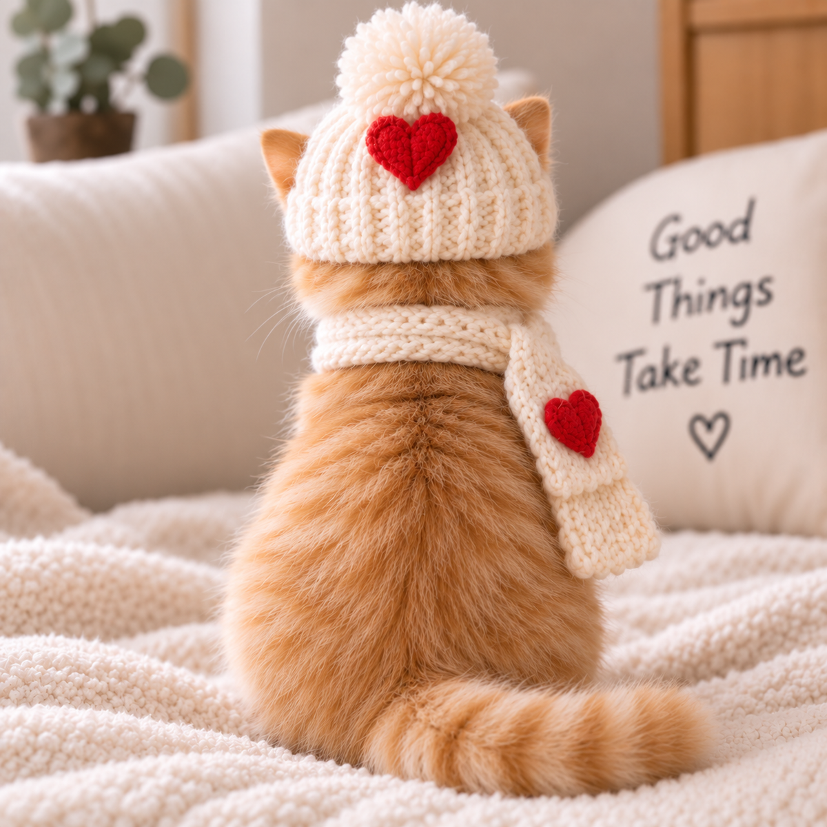 Cozy Heart Knit Pet Hat & Scarf Set – Winter Outfit for Cats & Small Dogs