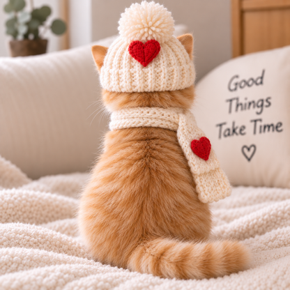 Cozy Heart Knit Pet Hat & Scarf Set – Winter Outfit for Cats & Small Dogs