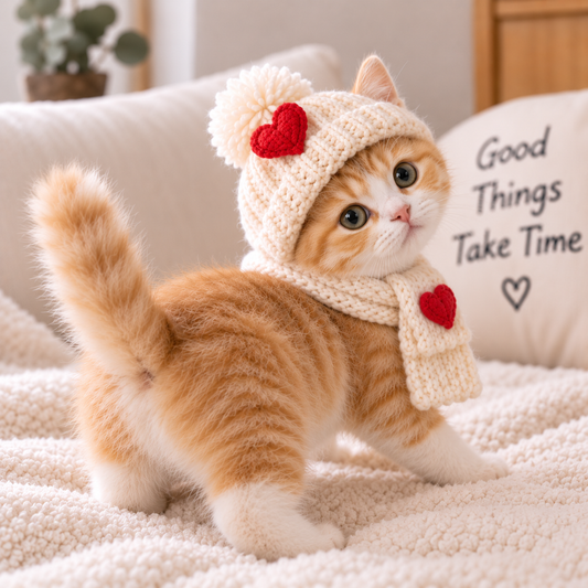Cozy Heart Knit Pet Hat & Scarf Set – Winter Outfit for Cats & Small Dogs