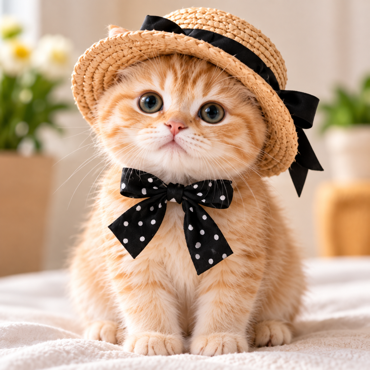 Vintage Straw Hat & Polka Dot Bow Set for Cats – Cute Pet Photo Costume