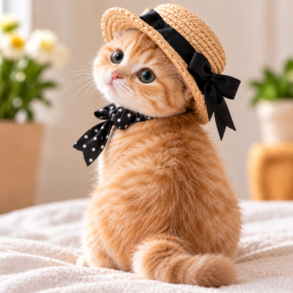 Vintage Straw Hat & Polka Dot Bow Set for Cats – Cute Pet Photo Costume