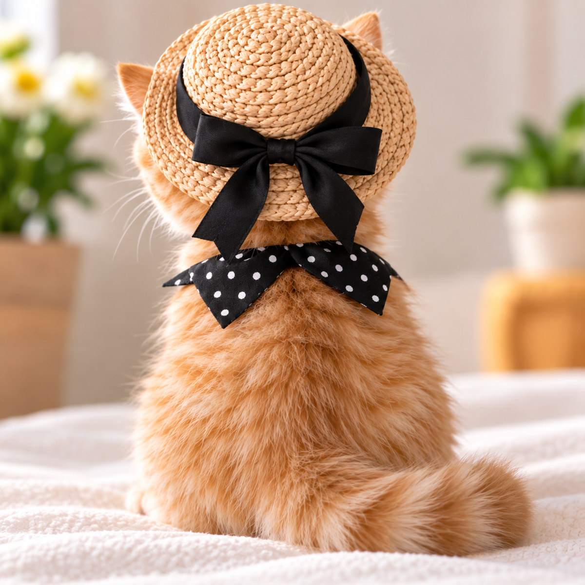 Vintage Straw Hat & Polka Dot Bow Set for Cats – Cute Pet Photo Costume