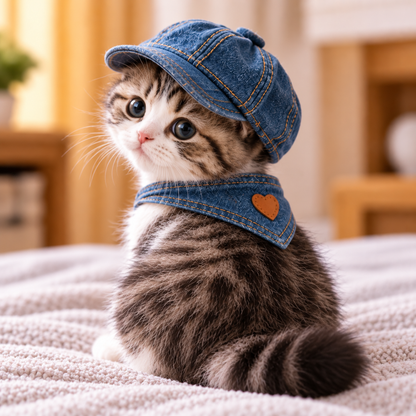 Denim Cowboy Pet Set — Hat & Bandana for Cats and Small Pets
