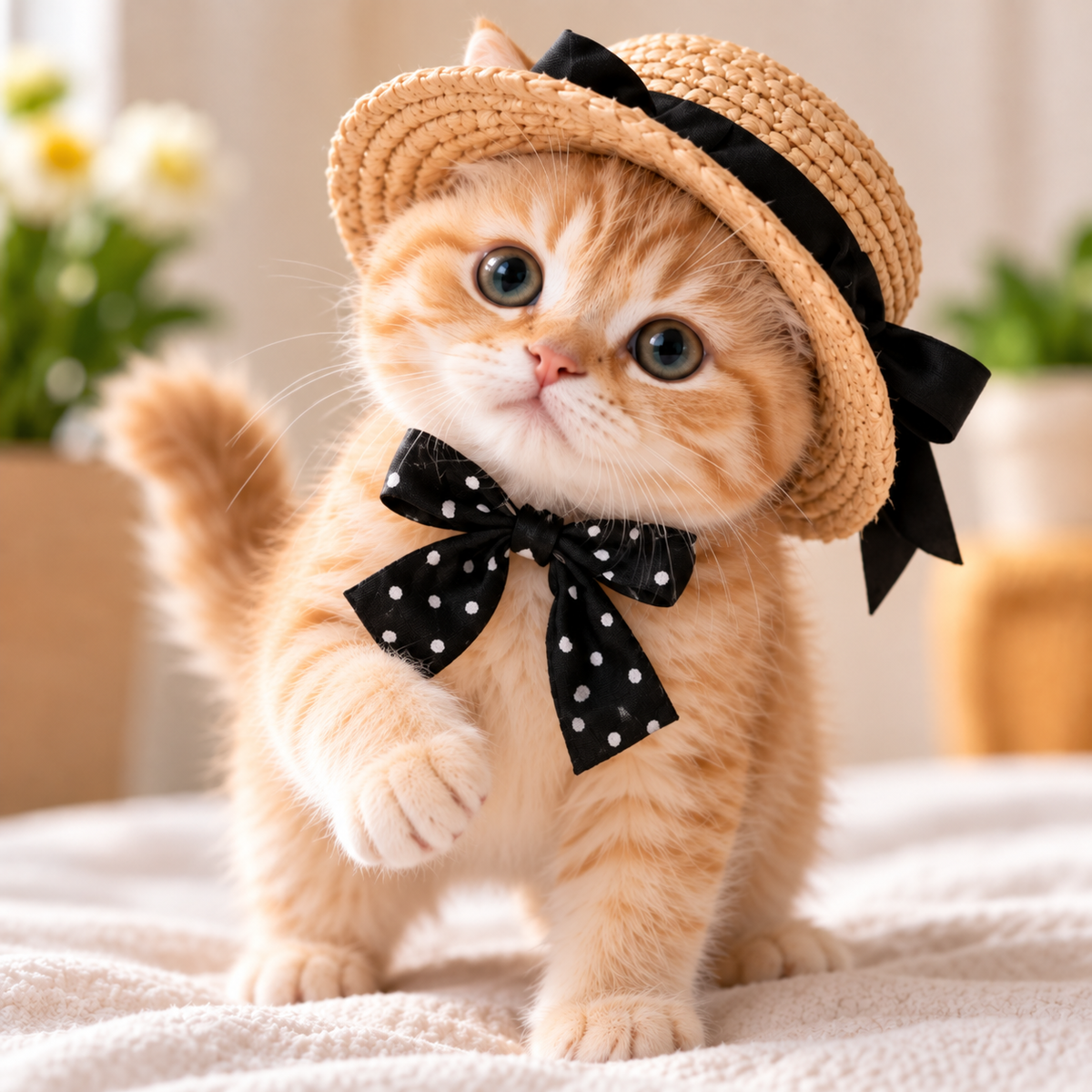 Vintage Straw Hat & Polka Dot Bow Set for Cats – Cute Pet Photo Costume