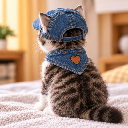 Denim Cowboy Pet Set — Hat & Bandana for Cats and Small Pets