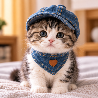 Denim Cowboy Pet Set — Hat & Bandana for Cats and Small Pets