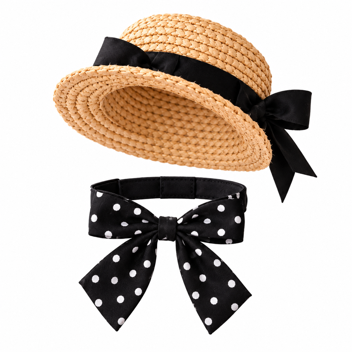 Vintage Straw Hat & Polka Dot Bow Set for Cats – Cute Pet Photo Costume