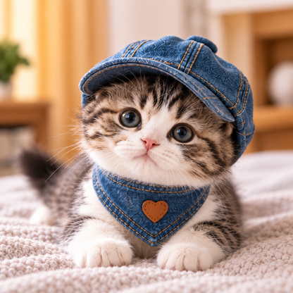 Denim Cowboy Pet Set — Hat & Bandana for Cats and Small Pets
