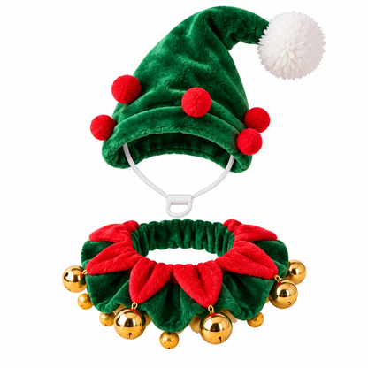 Christmas Elf Pet Costume Set – Festive Hat & Jingle Bell Collar for Cats & Small Dogs