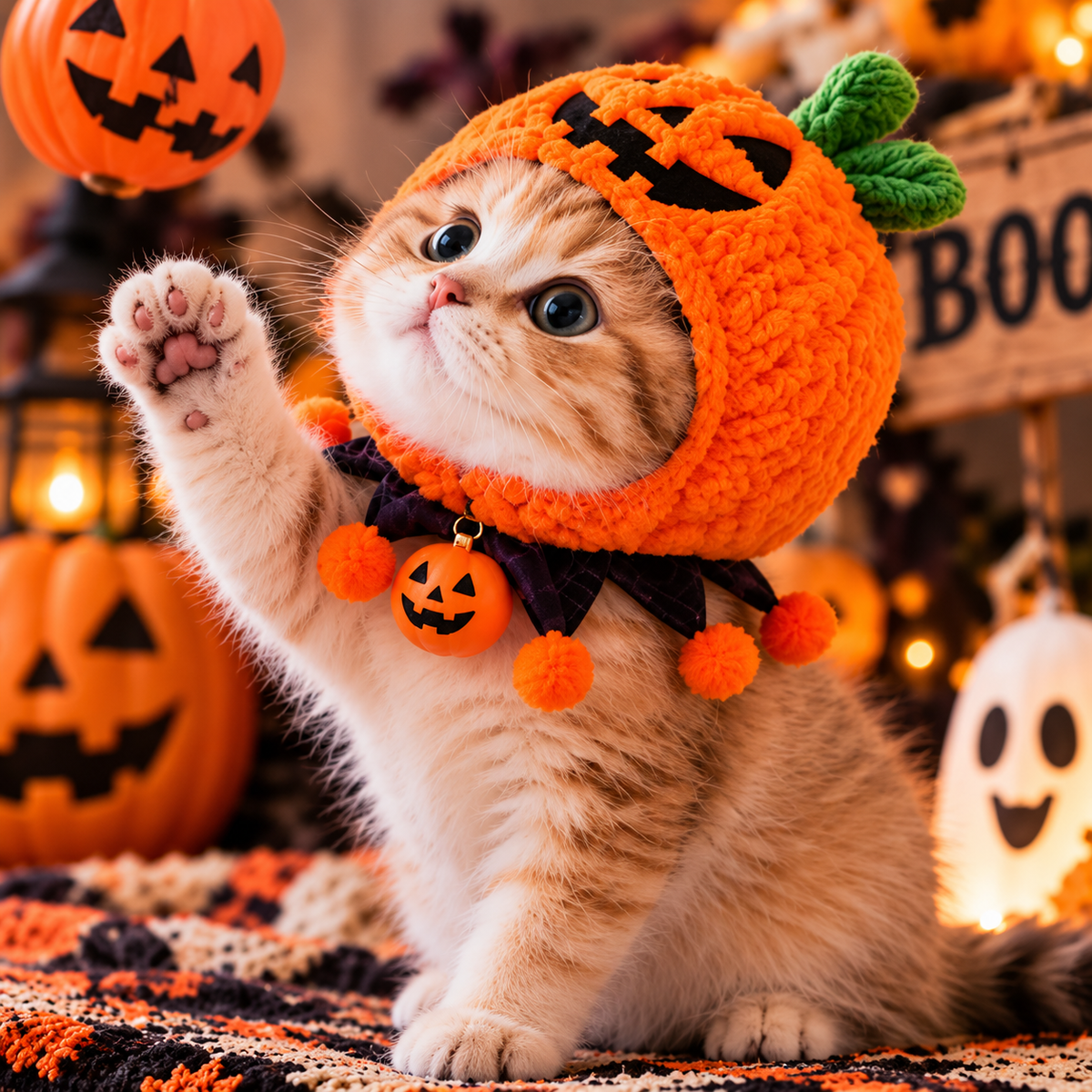 Halloween Pumpkin Pet Hat – Jack-O’-Lantern Costume for Cats & Small Dogs