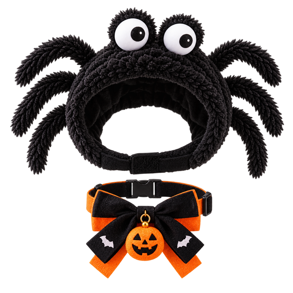 Halloween Spider Cat Costume Set – Cute Spider Hood & Pumpkin Bow Collar