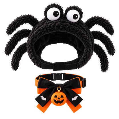 Halloween Spider Cat Costume Set – Cute Spider Hood & Pumpkin Bow Collar