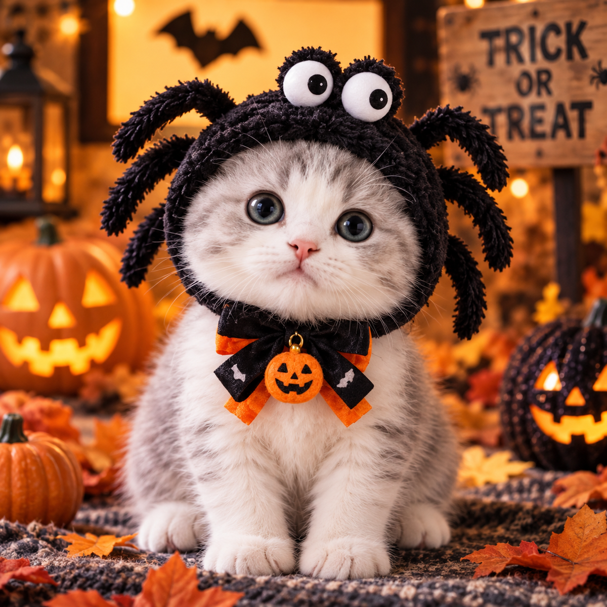 Halloween Spider Cat Costume Set – Cute Spider Hood & Pumpkin Bow Collar
