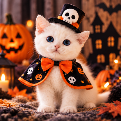 Halloween Skull Pet Costume Set – Top Hat & Cape for Cats & Small Dogs