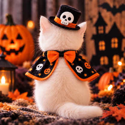 Halloween Skull Pet Costume Set – Top Hat & Cape for Cats & Small Dogs