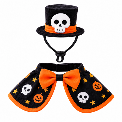 Halloween Skull Pet Costume Set – Top Hat & Cape for Cats & Small Dogs