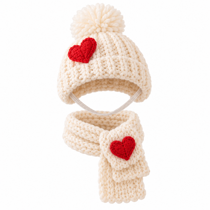 Cozy Heart Knit Pet Hat & Scarf Set – Winter Outfit for Cats & Small Dogs